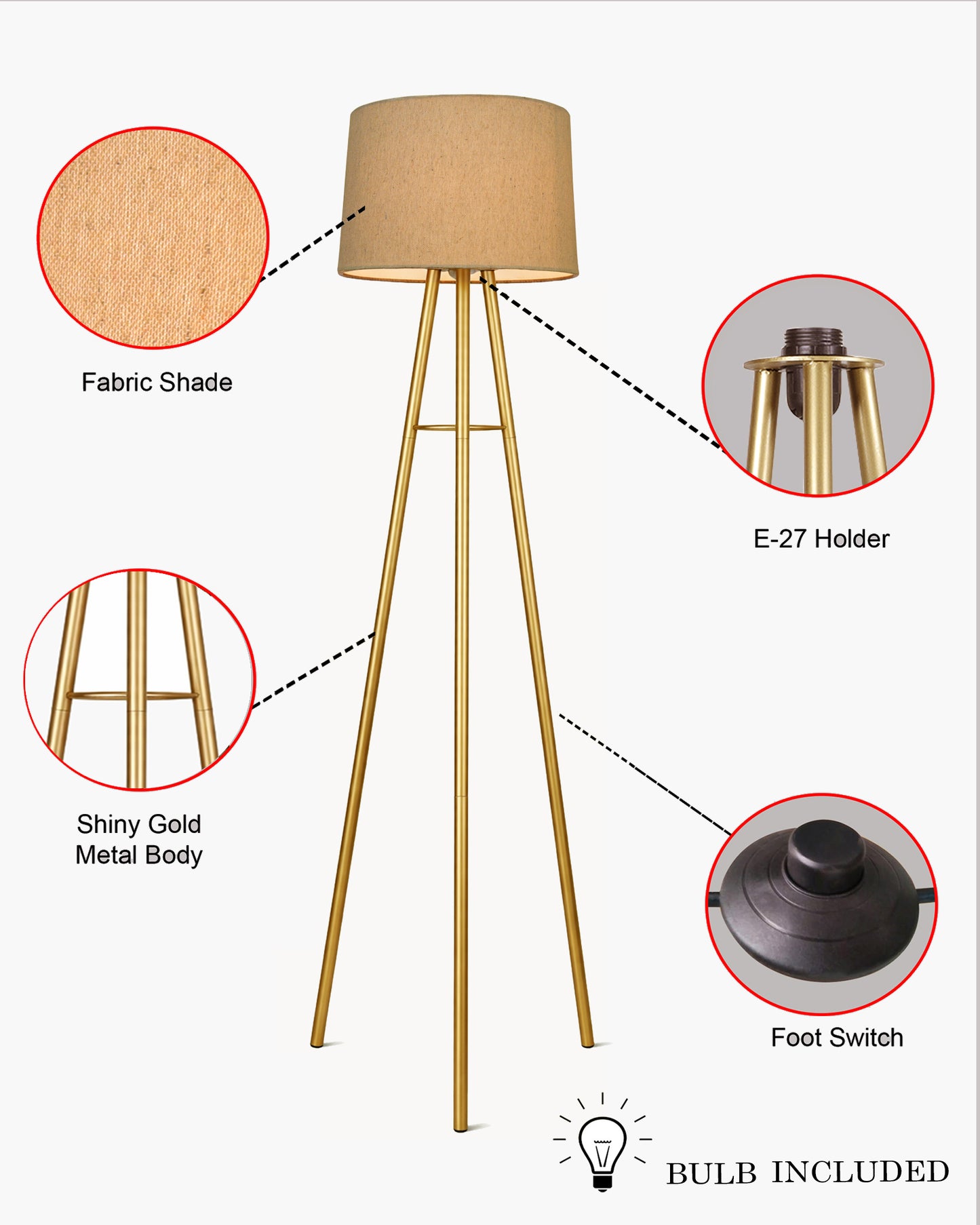 Mid Century Metal Tripod Floor Lamp,Contemporary Minimalist Standing Floor Light with Iron Legs,E27 Lamp Base,Modern Design Standing Light for Living Room,Study Room Antique Gold, Tripod
