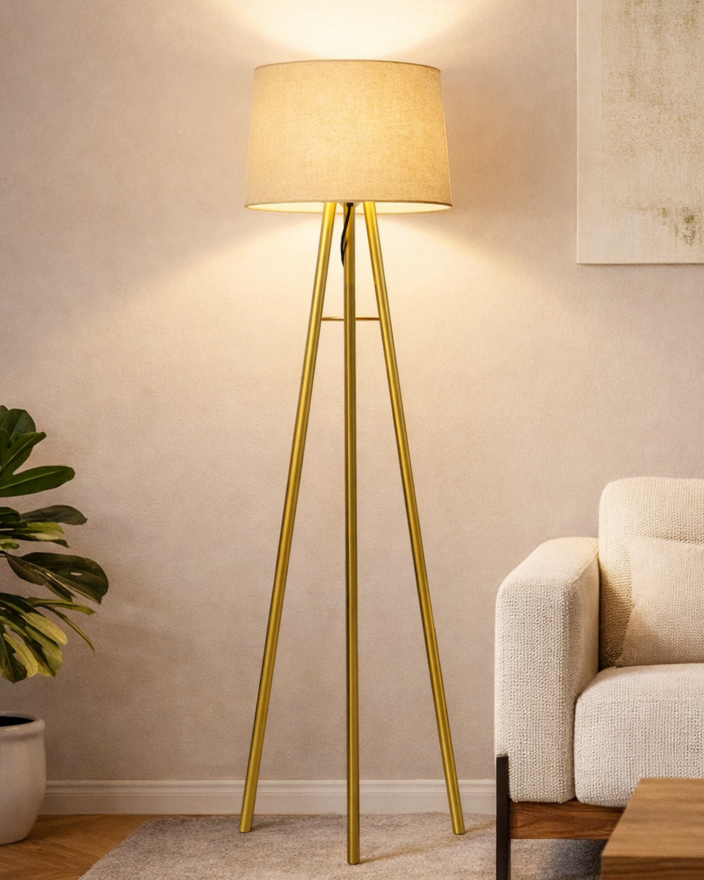 Mid Century Metal Tripod Floor Lamp,Contemporary Minimalist Standing Floor Light with Iron Legs,E27 Lamp Base,Modern Design Standing Light for Living Room,Study Room Antique Gold, Tripod