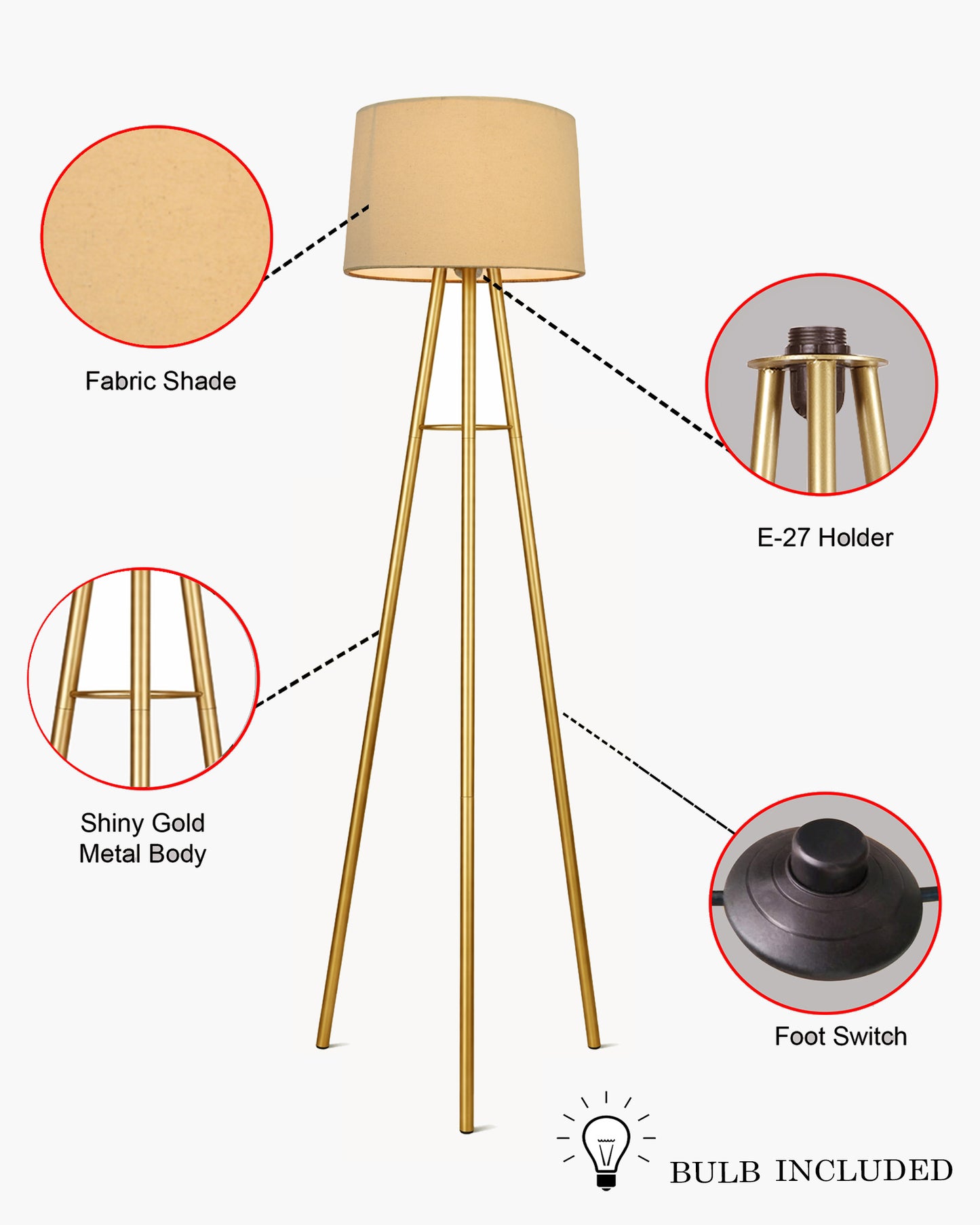 Mid Century Metal Tripod Floor Lamp,Contemporary Minimalist Standing Floor Light with Iron Legs,E27 Lamp Base,Modern Design Standing Light for Living Room,Study Room Antique Gold, Tripod
