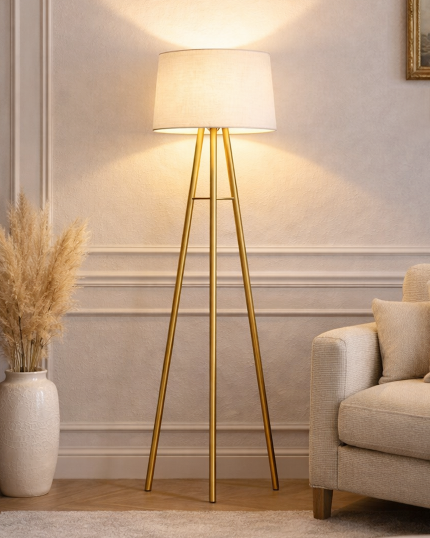 Mid Century Metal Tripod Floor Lamp,Contemporary Minimalist Standing Floor Light with Iron Legs,E27 Lamp Base,Modern Design Standing Light for Living Room,Study Room Antique Gold, Tripod