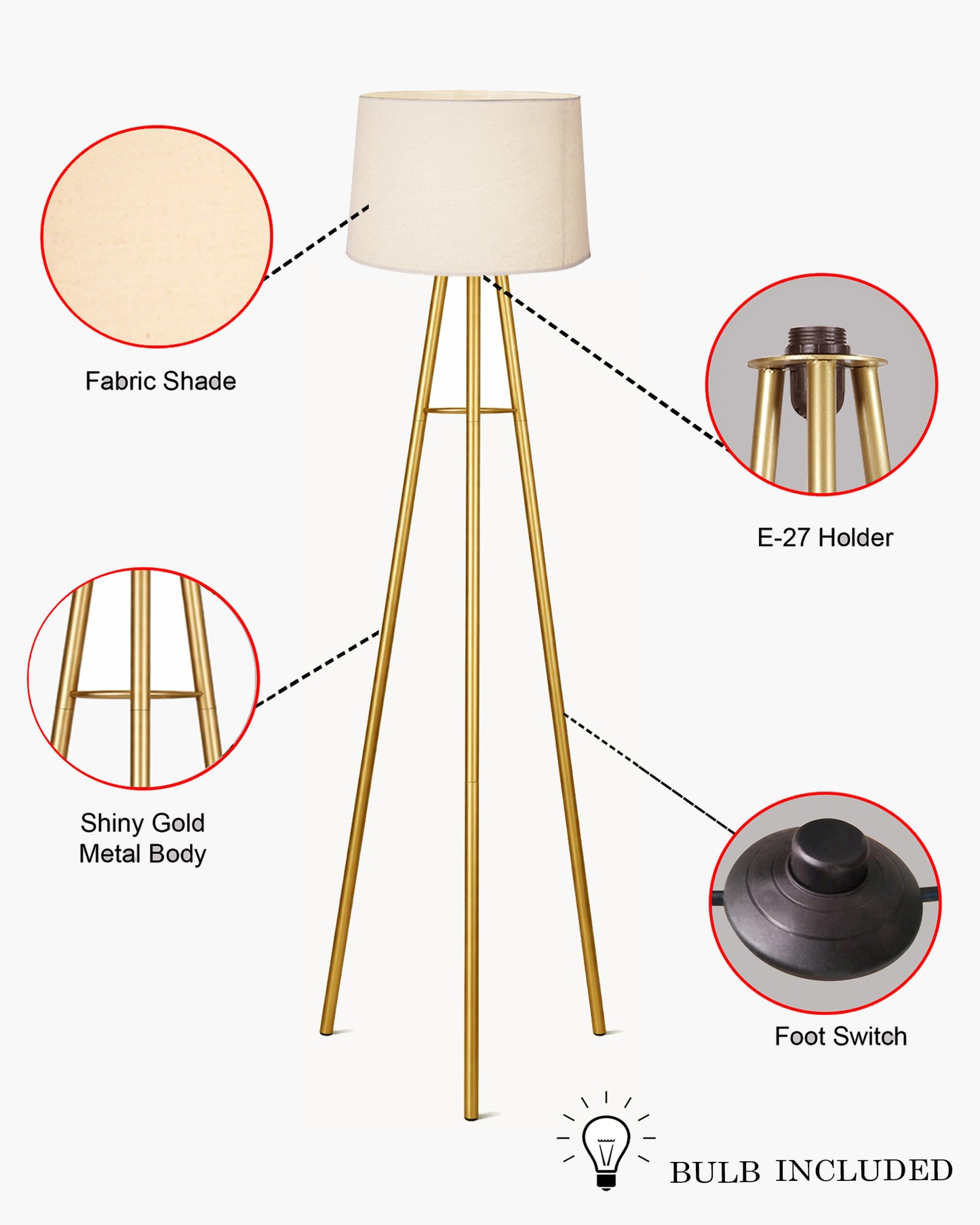Mid Century Metal Tripod Floor Lamp,Contemporary Minimalist Standing Floor Light with Iron Legs,E27 Lamp Base,Modern Design Standing Light for Living Room,Study Room Antique Gold, Tripod