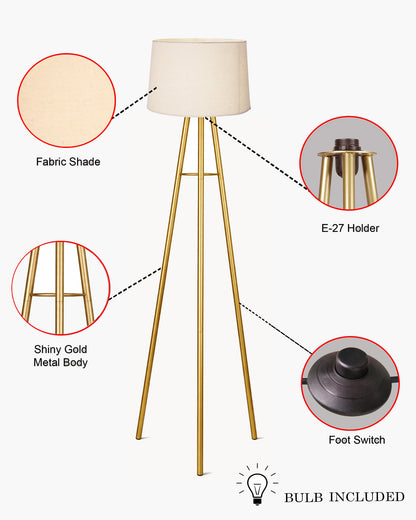Mid Century Metal Tripod Floor Lamp,Contemporary Minimalist Standing Floor Light with Iron Legs,E27 Lamp Base,Modern Design Standing Light for Living Room,Study Room Antique Gold, Tripod