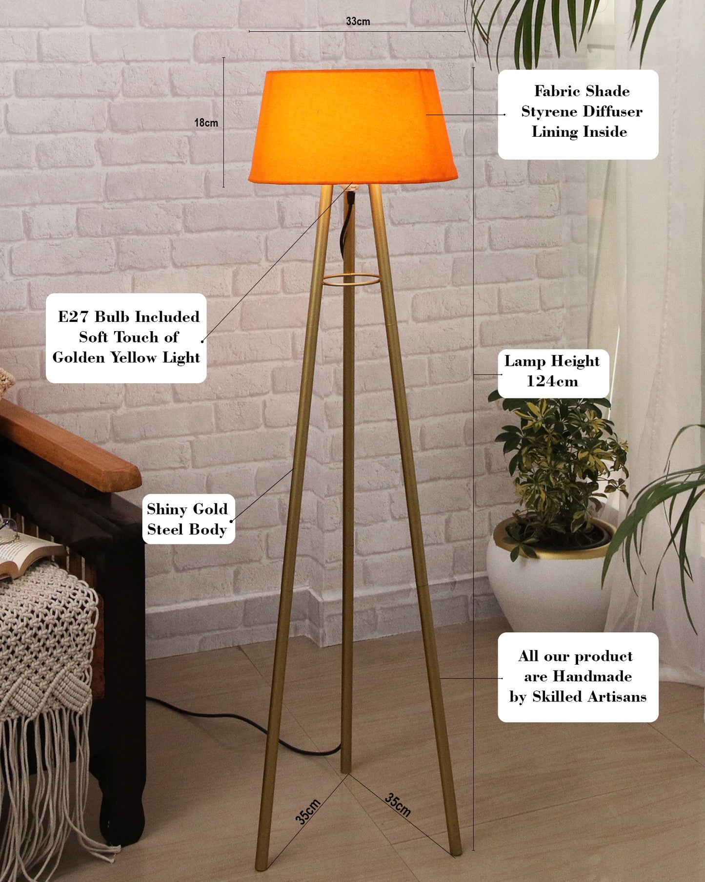 Mid Century Metal Tripod Floor Lamp,Contemporary Minimalist Standing Floor Light with Iron Legs,E27 Lamp Base,Modern Design Standing Light for Living Room,Study Room Antique Gold, Tripod