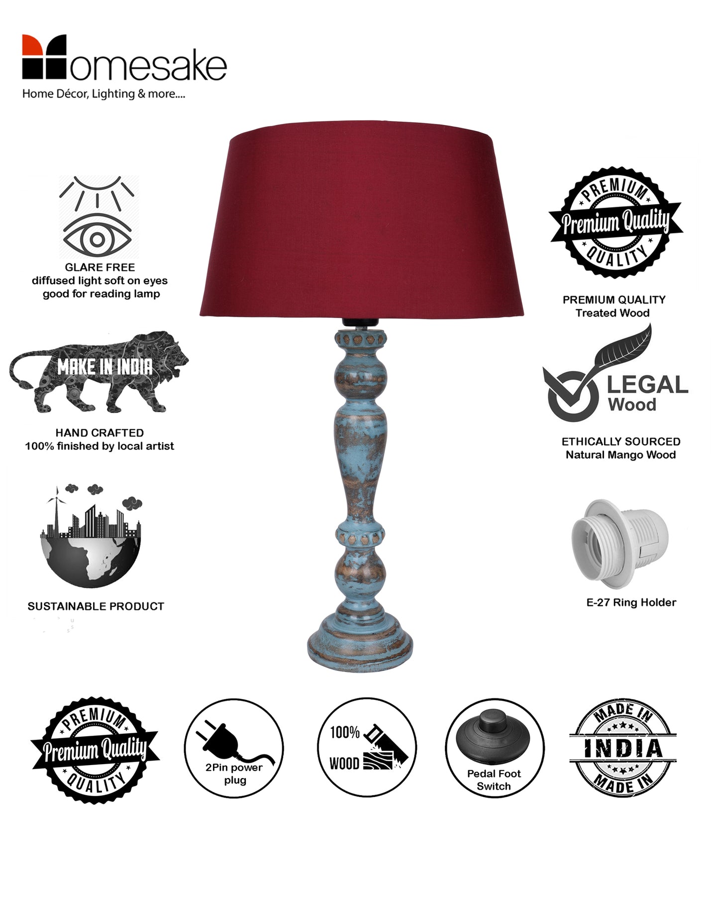 Eureka Polka Wood Table Lamp Bedside Distressed Living Room Light