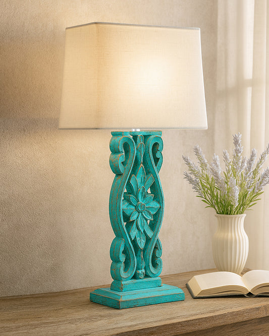Sculptural Hand Carved Wood Table Lamp with Khadi Square shade