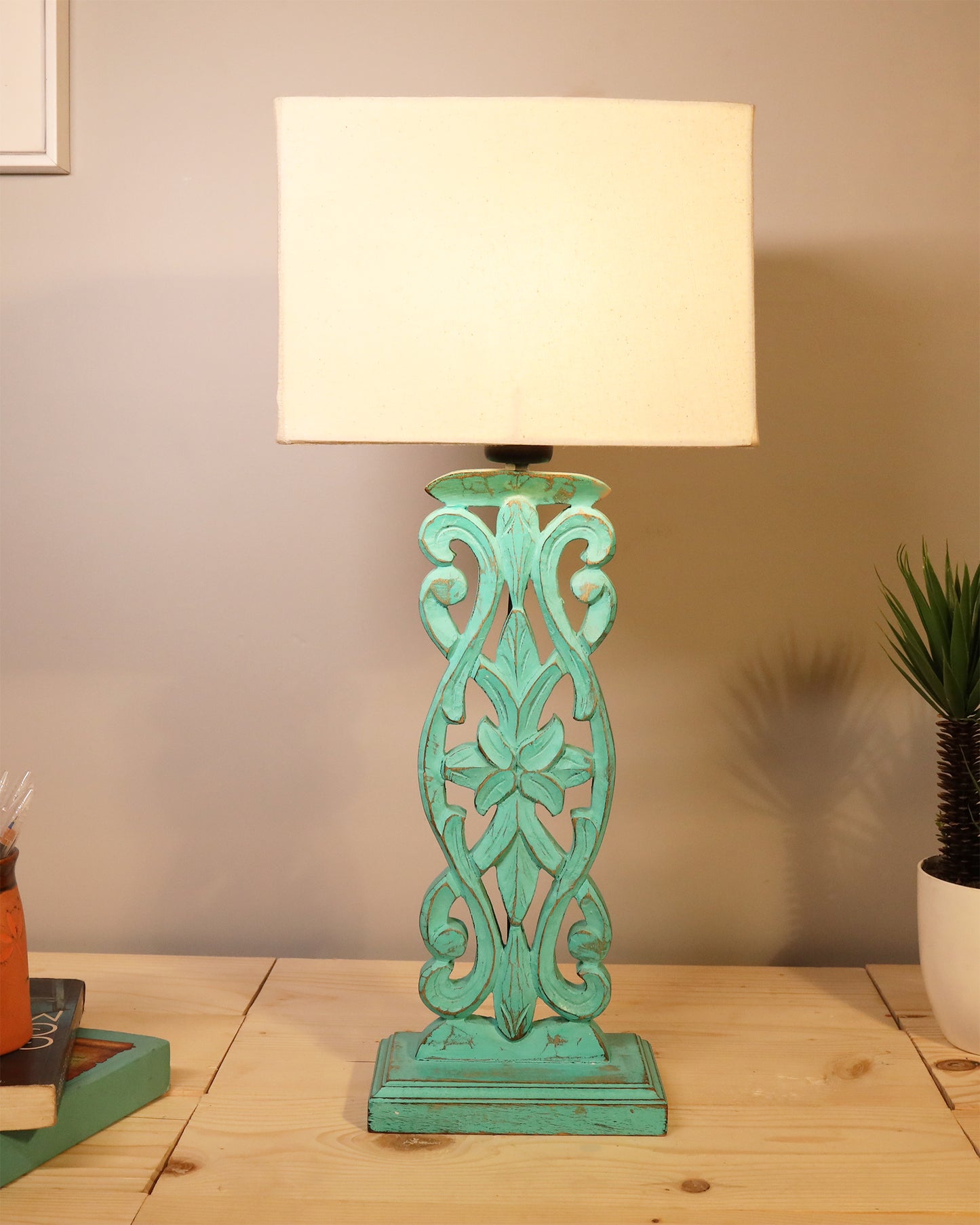 Sculptural Hand Carved Wood Table Lamp with Khadi Square shade
