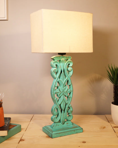 Sculptural Hand Carved Wood Table Lamp with Khadi Square shade
