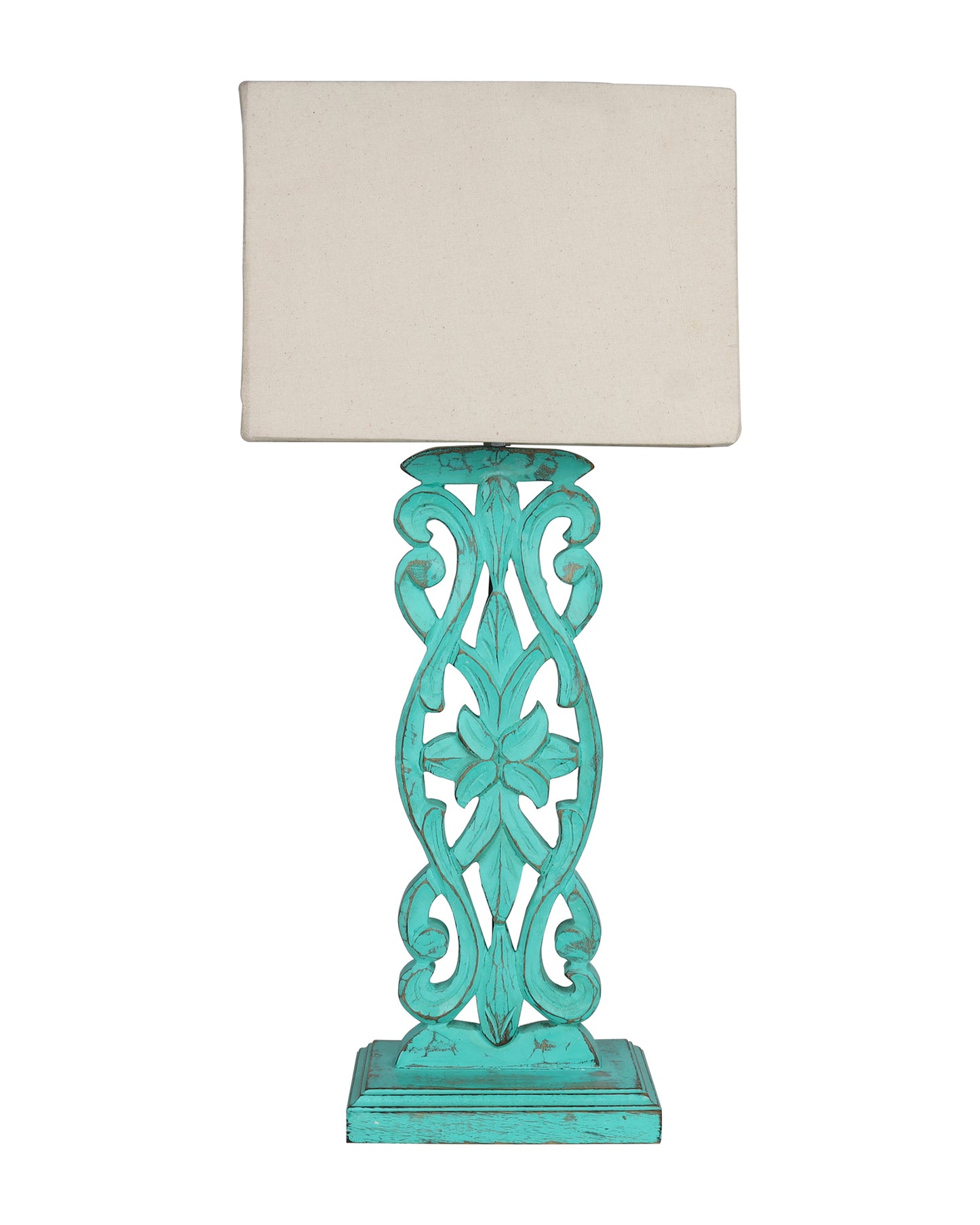 Sculptural Hand Carved Wood Table Lamp with Khadi Square shade
