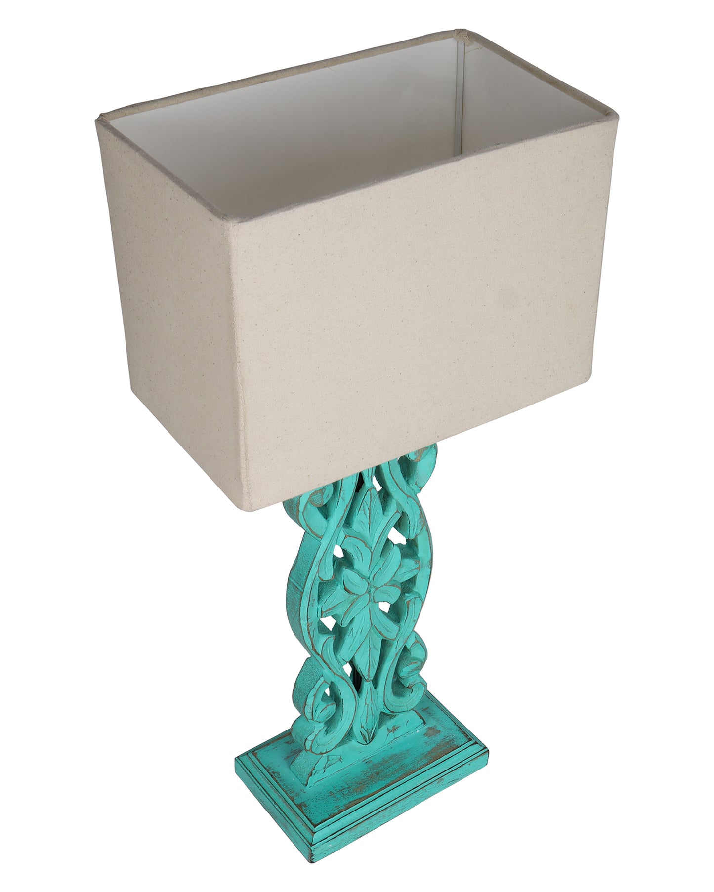 Sculptural Hand Carved Wood Table Lamp with Khadi Square shade