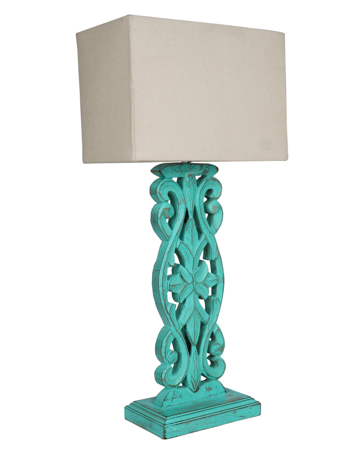 Sculptural Hand Carved Wood Table Lamp with Khadi Square shade