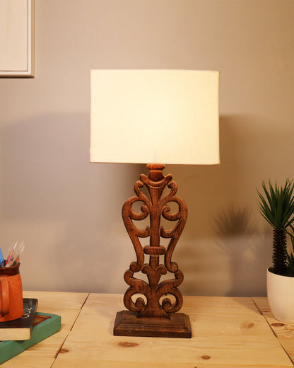 Sculptural Hand Carved Wood Table Lamp with Khadi Square shade