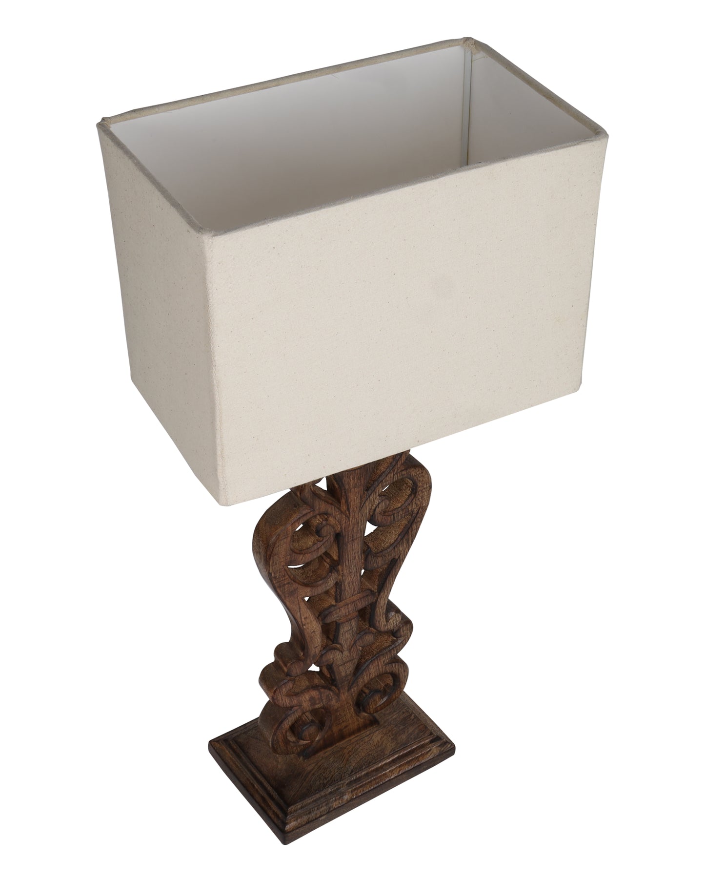 Sculptural Hand Carved Wood Table Lamp with Khadi Square shade