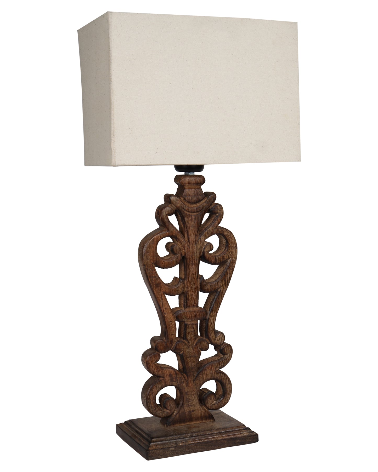 Sculptural Hand Carved Wood Table Lamp with Khadi Square shade
