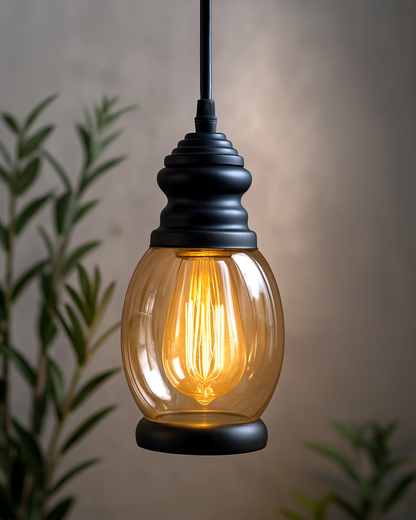 Oval Pendant Light with Amber Glass Jar Shade Matte Adjustable Hanging Lighting Fixture, Industrial Antique Pendant Lamp for Kitchen Island, Dining Room, Foyer, Farmhouse