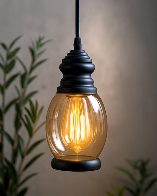 Oval Pendant Light with Amber Glass Jar Shade Matte Adjustable Hanging Lighting Fixture, Industrial Antique Pendant Lamp for Kitchen Island, Dining Room, Foyer, Farmhouse