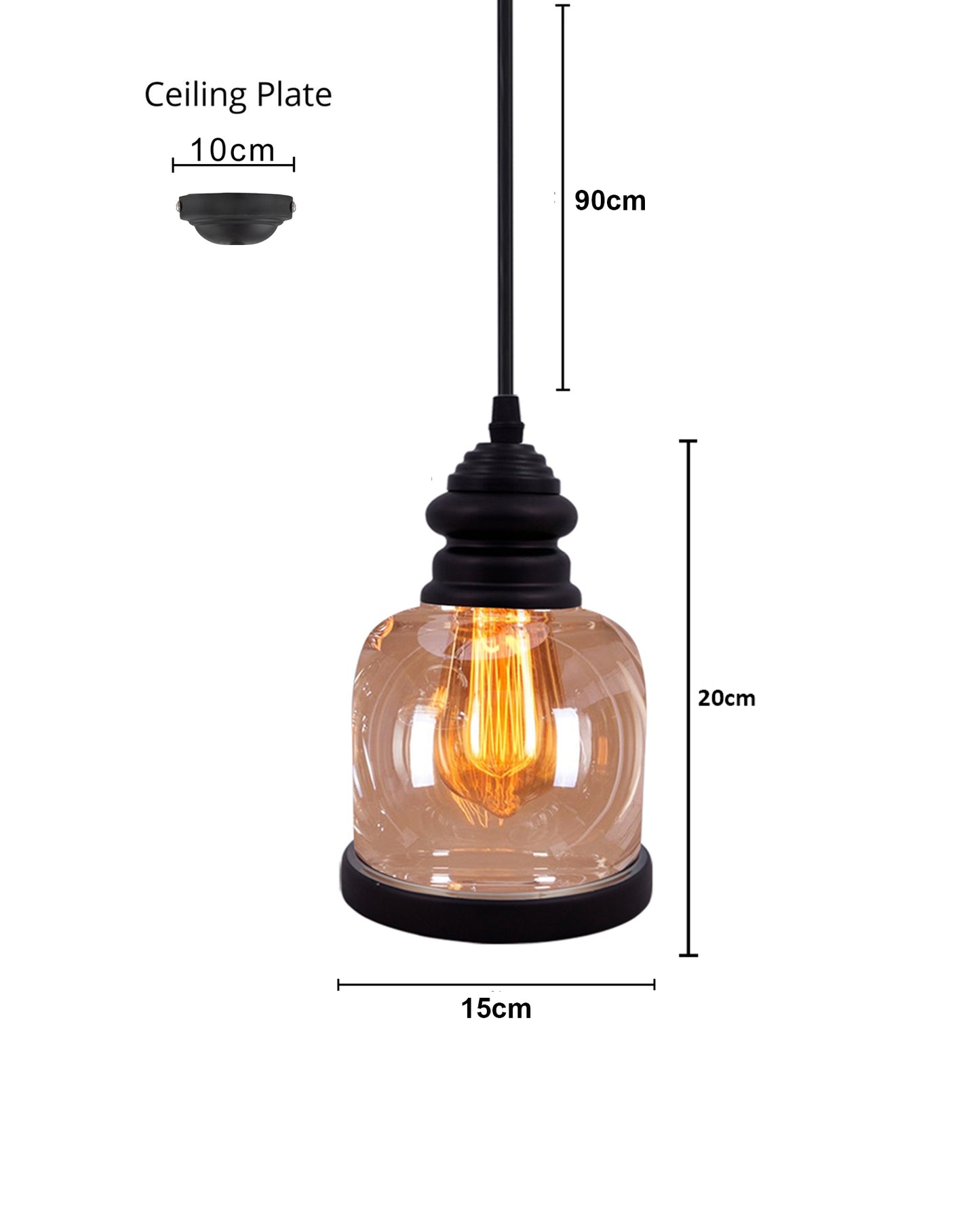 Cylinder Pendant Light with Amber Glass Jar Shade Matte Adjustable Hanging Lighting Fixture, Industrial Antique Pendant Lamp for Kitchen Island, Dining Room, Foyer, Farmhouse