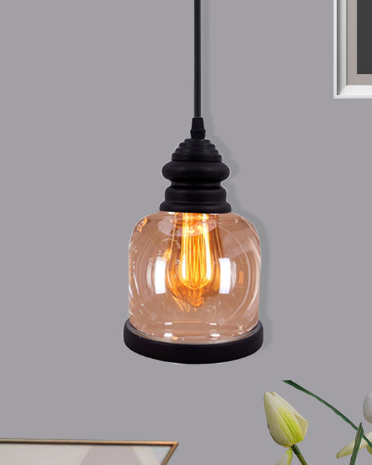 Cylinder Pendant Light with Amber Glass Jar Shade Matte Adjustable Hanging Lighting Fixture, Industrial Antique Pendant Lamp for Kitchen Island, Dining Room, Foyer, Farmhouse
