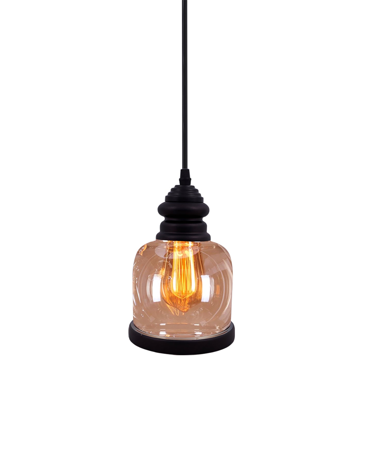 Cylinder Pendant Light with Amber Glass Jar Shade Matte Adjustable Hanging Lighting Fixture, Industrial Antique Pendant Lamp for Kitchen Island, Dining Room, Foyer, Farmhouse