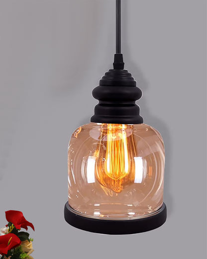 Cylinder Pendant Light with Amber Glass Jar Shade Matte Adjustable Hanging Lighting Fixture, Industrial Antique Pendant Lamp for Kitchen Island, Dining Room, Foyer, Farmhouse