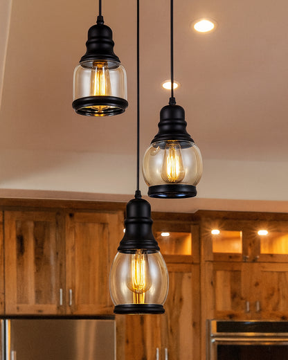Cluster Pendant Light with Amber Glass Jar Shade Matte Black 3-Lights Adjustable Hanging Lighting Fixture, Industrial Antique Pendant Lamp for Kitchen Island, Dining Room, Foyer, Farmhouse