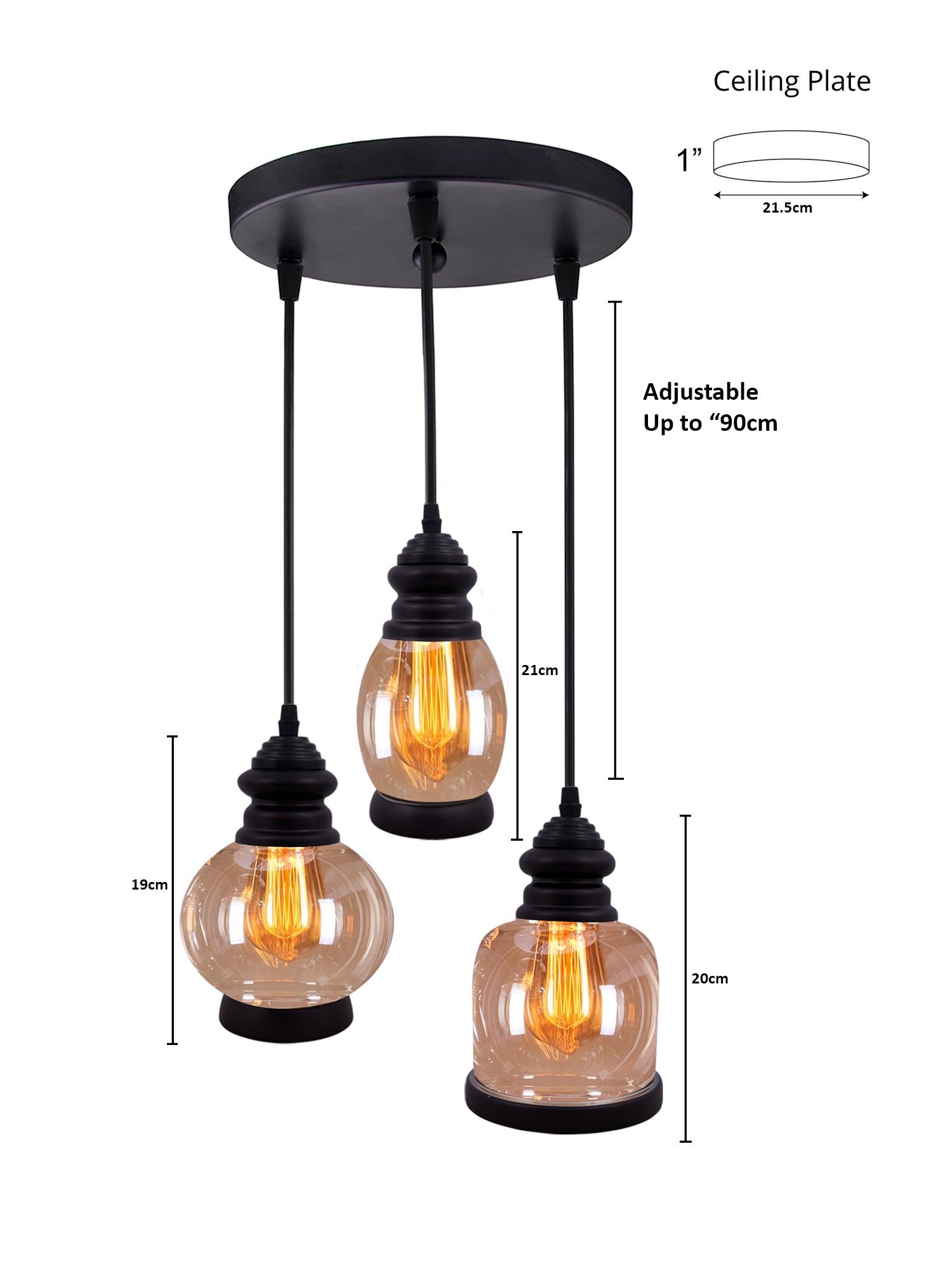 Cluster Pendant Light with Amber Glass Jar Shade Matte Black 3-Lights Adjustable Hanging Lighting Fixture, Industrial Antique Pendant Lamp for Kitchen