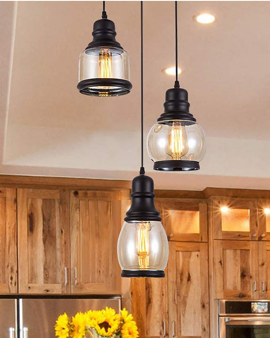 Cluster Pendant Light with Amber Glass Jar Shade Matte Black 3-Lights Adjustable Hanging Lighting Fixture, Industrial Antique Pendant Lamp for Kitchen Island, Dining Room, Foyer, Farmhouse