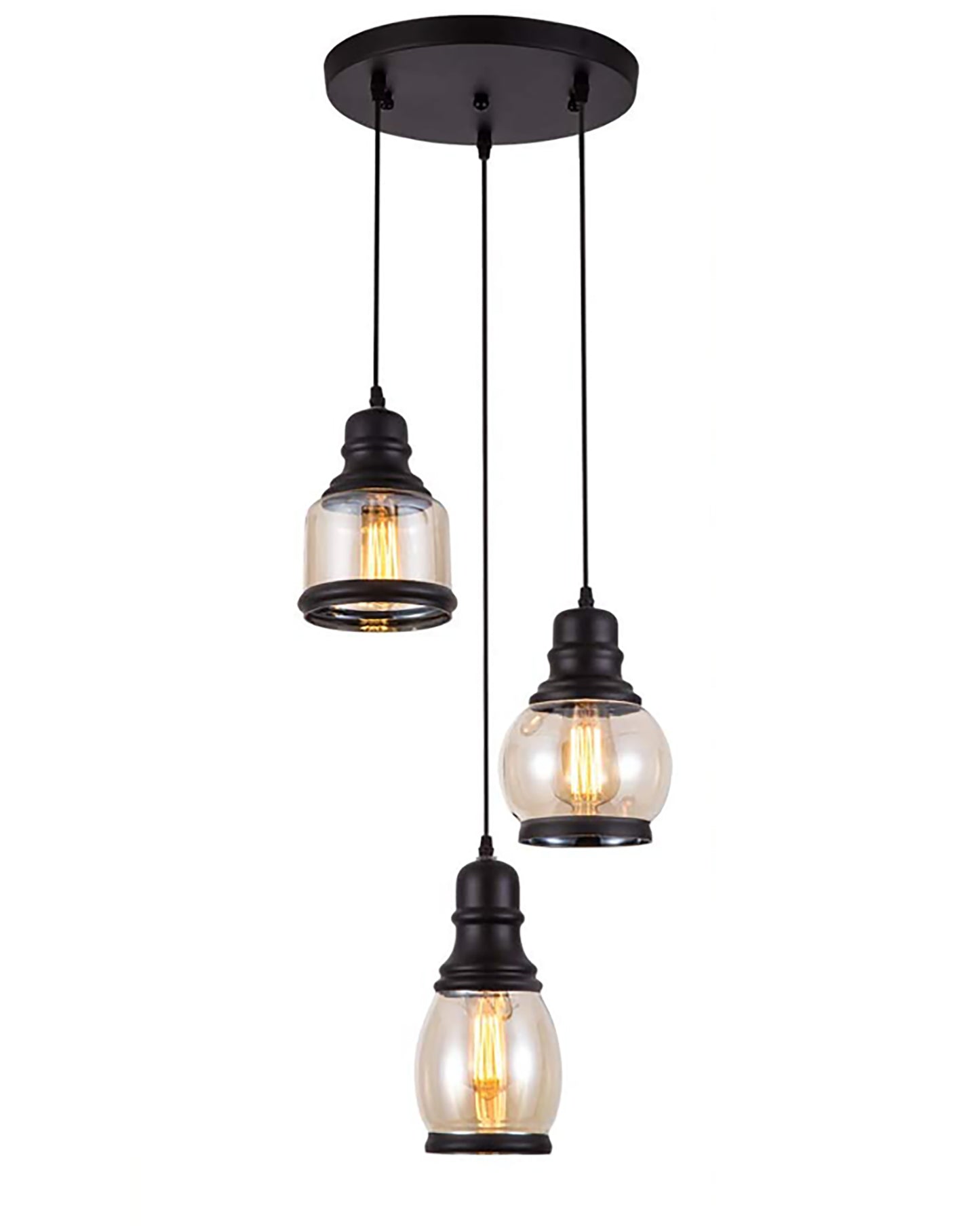 Cluster Pendant Light with Amber Glass Jar Shade Matte Black 3-Lights Adjustable Hanging Lighting Fixture, Industrial Antique Pendant Lamp for Kitchen Island, Dining Room, Foyer, Farmhouse