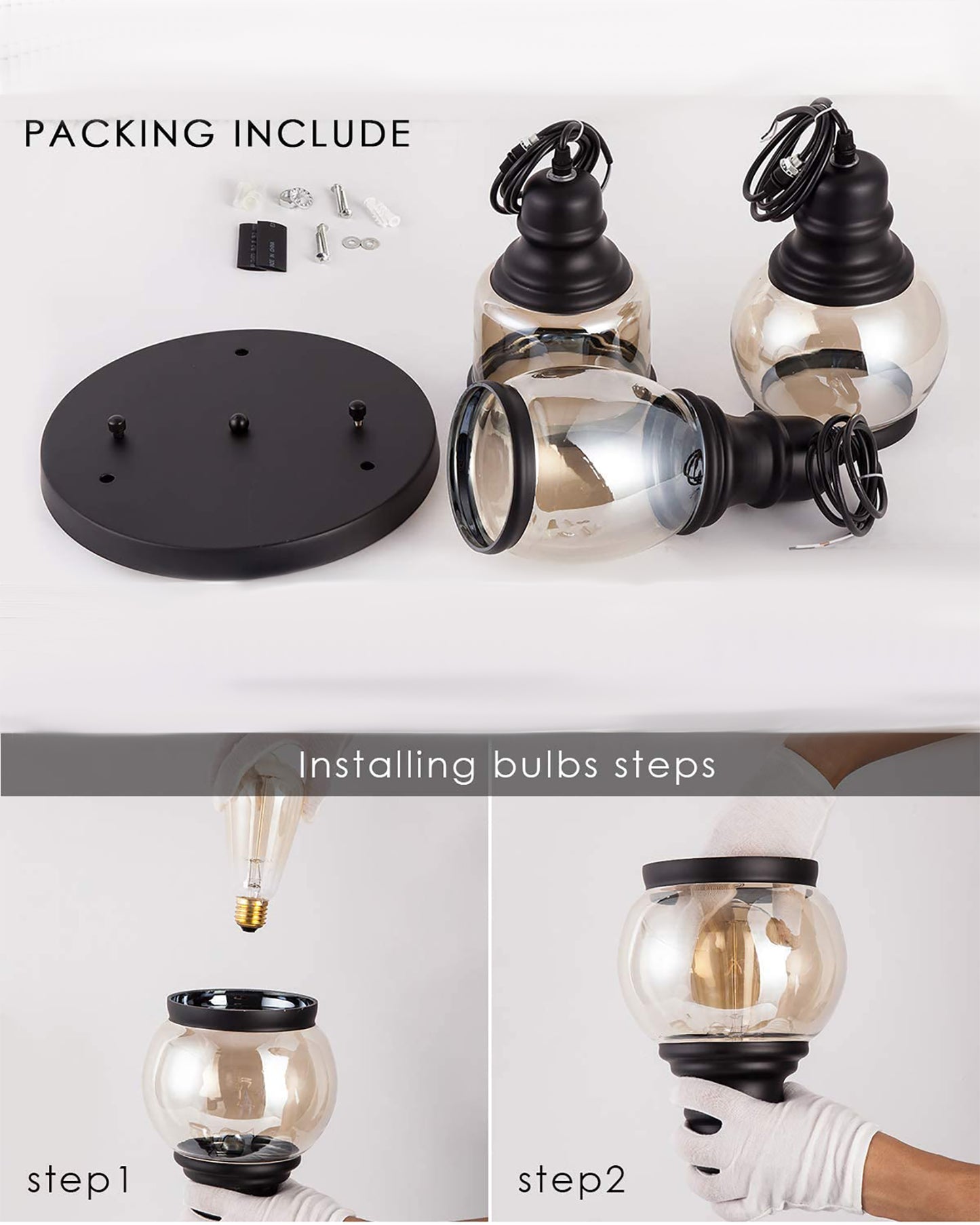 Cluster Pendant Light with Amber Glass Jar Shade Matte Black 3-Lights Adjustable Hanging Lighting Fixture, Industrial Antique Pendant Lamp for Kitchen Island, Dining Room, Foyer, Farmhouse