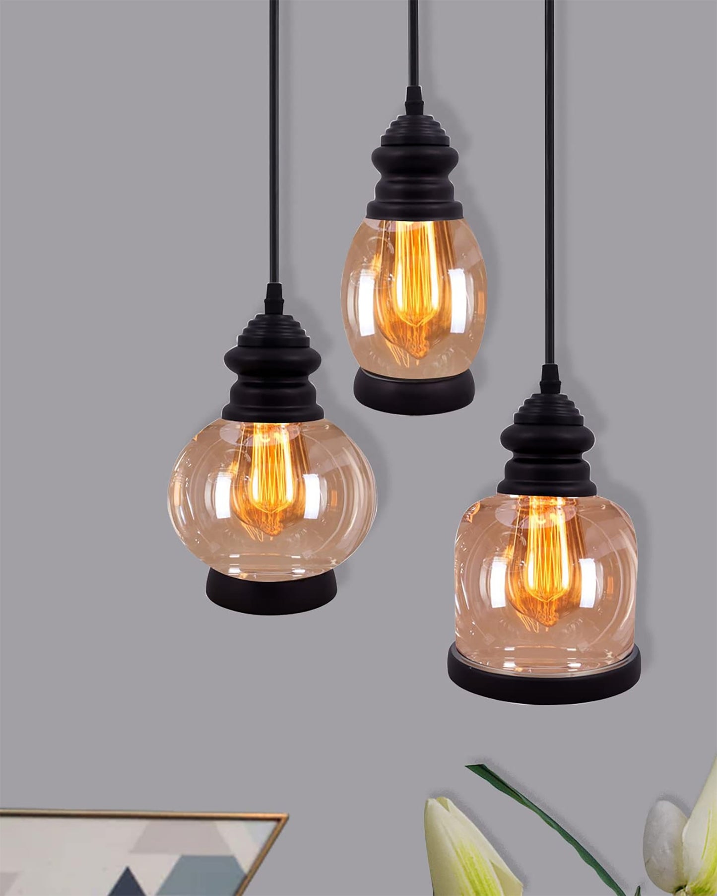 Cluster Pendant Light with Amber Glass Jar Shade Matte Black 3-Lights Adjustable Hanging Lighting Fixture, Industrial Antique Pendant Lamp for Kitchen Island, Dining Room, Foyer, Farmhouse