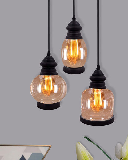Cluster Pendant Light with Amber Glass Jar Shade Matte Black 3-Lights Adjustable Hanging Lighting Fixture, Industrial Antique Pendant Lamp for Kitchen Island, Dining Room, Foyer, Farmhouse