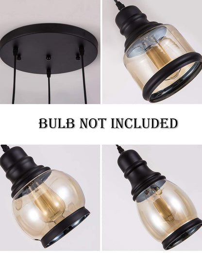 Cluster Pendant Light with Amber Glass Jar Shade Matte Black 3-Lights Adjustable Hanging Lighting Fixture, Industrial Antique Pendant Lamp for Kitchen Island, Dining Room, Foyer, Farmhouse