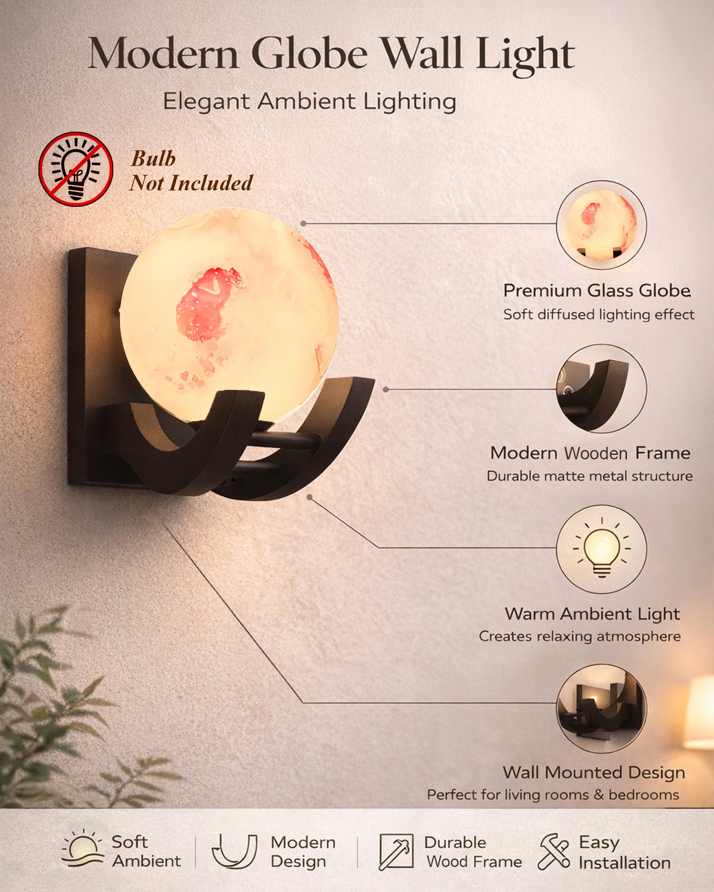 Nordic Wooden Wall Lamps, Zedo E27 Sconces with Marble Glass Shades