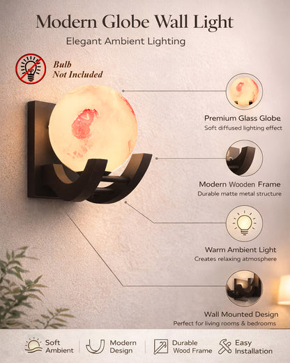 Nordic Wooden Wall Lamps, Zedo E27 Sconces with Marble Glass Shades