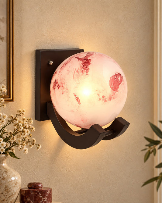 Nordic Wooden Wall Lamps, Zedo E27 Sconces with Marble Glass Shades
