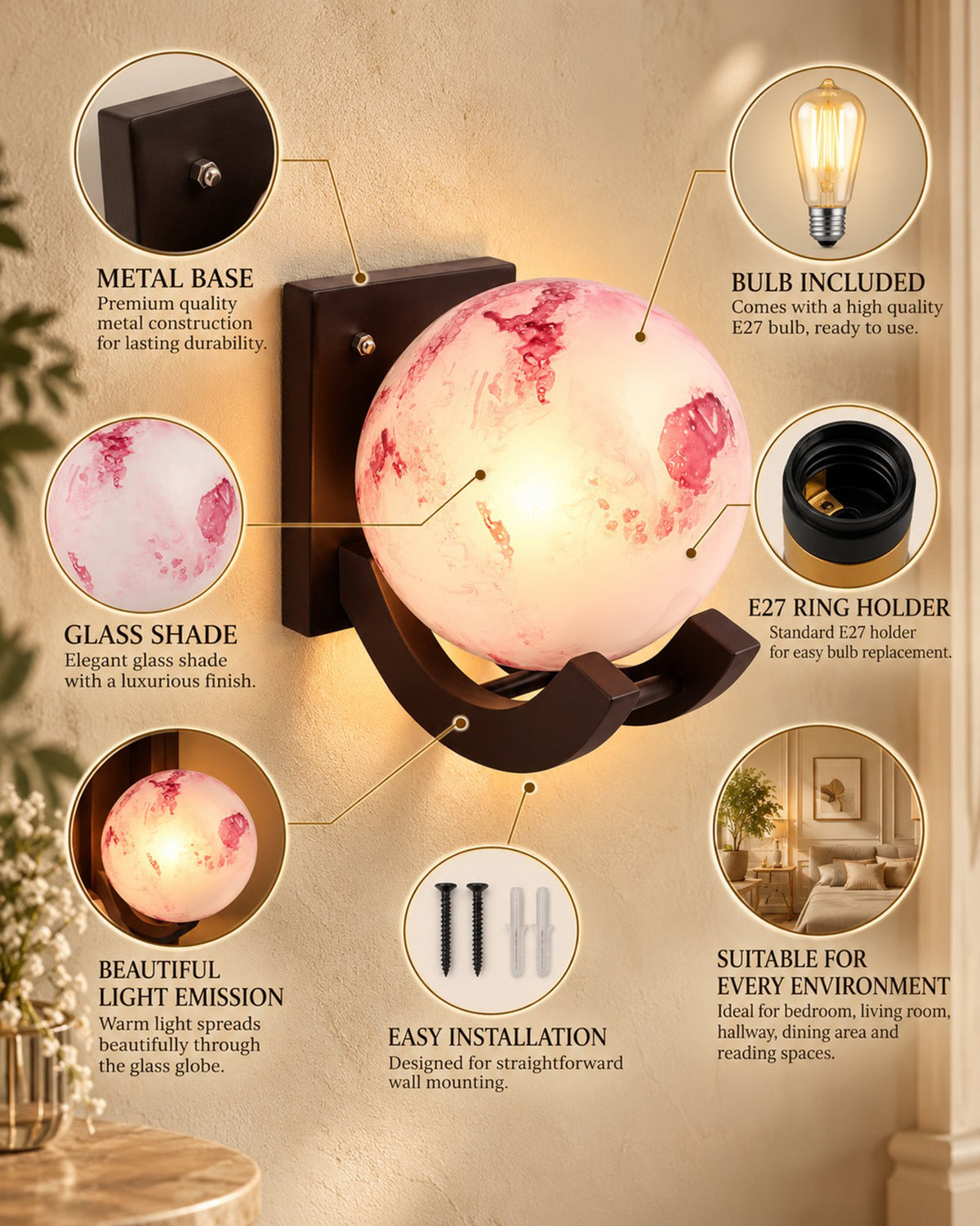 Nordic Wooden Wall Lamps, Zedo E27 Sconces with Marble Glass Shades