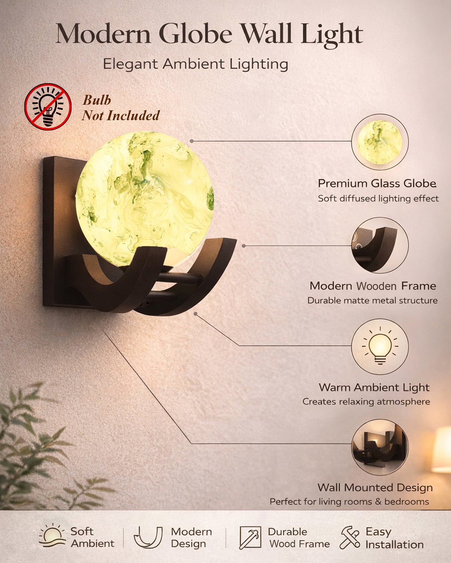 Nordic Wooden Wall Lamps, Zedo E27 Sconces with Marble Glass Shades