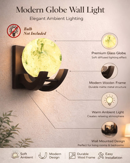 Nordic Wooden Wall Lamps, Zedo E27 Sconces with Marble Glass Shades