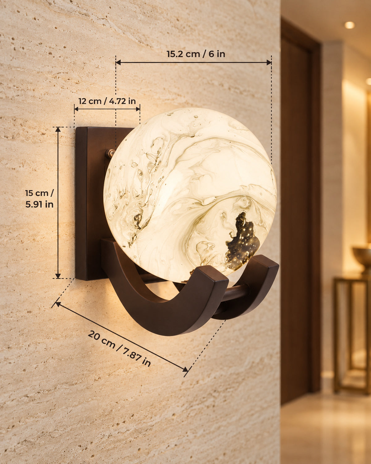 Nordic Wooden Wall Lamps, Zedo E27 Sconces with Marble Glass Shades