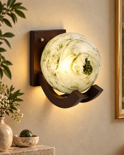 Nordic Wooden Wall Lamps, Zedo E27 Sconces with Marble Glass Shades