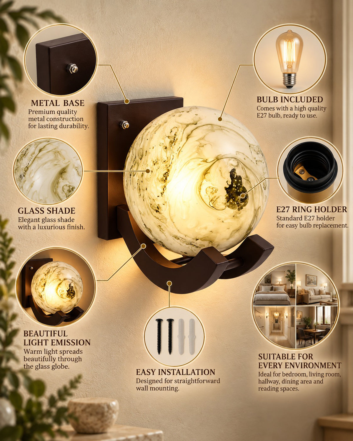 Nordic Wooden Wall Lamps, Zedo E27 Sconces with Marble Glass Shades