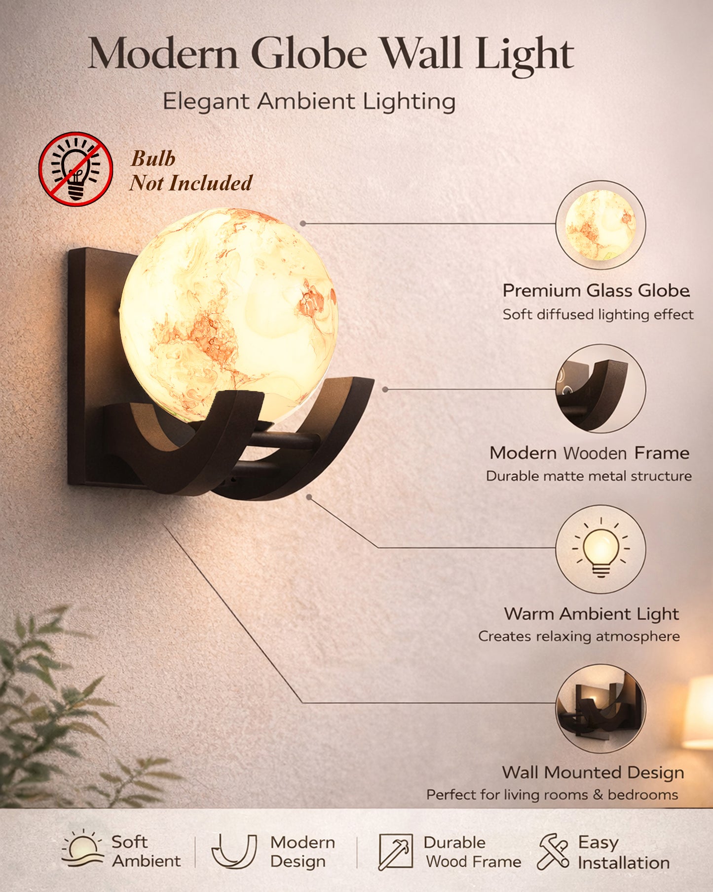 Nordic Wooden Wall Lamps, Zedo E27 Sconces with Marble Glass Shades