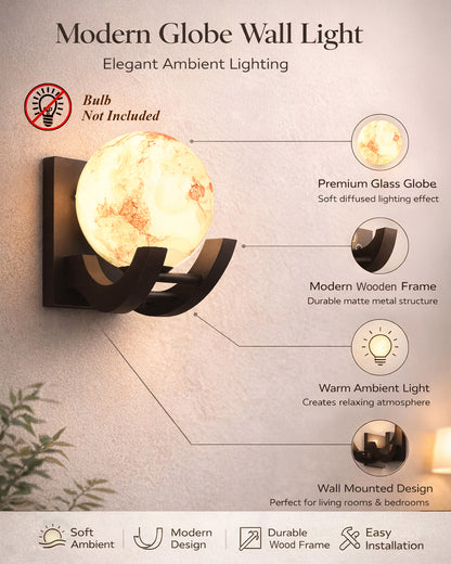 Nordic Wooden Wall Lamps, Zedo E27 Sconces with Marble Glass Shades