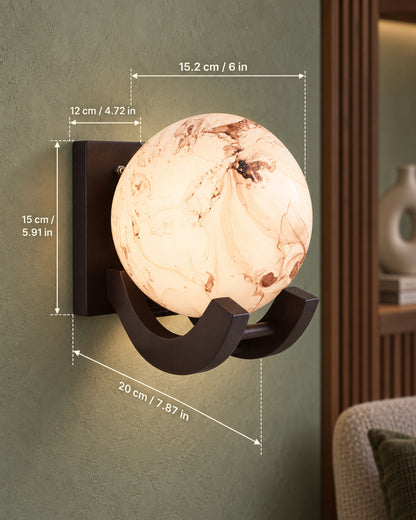 Nordic Wooden Wall Lamps, Zedo E27 Sconces with Marble Glass Shades