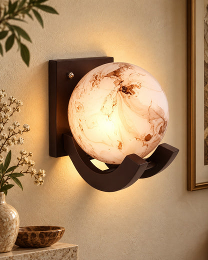 Nordic Wooden Wall Lamps, Zedo E27 Sconces with Marble Glass Shades