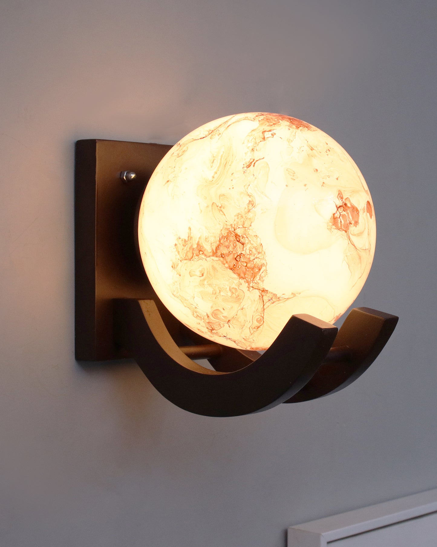 Nordic Wooden Wall Lamps, Zedo E27 Sconces with Marble Glass Shades