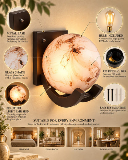 Nordic Wooden Wall Lamps, Zedo E27 Sconces with Marble Glass Shades