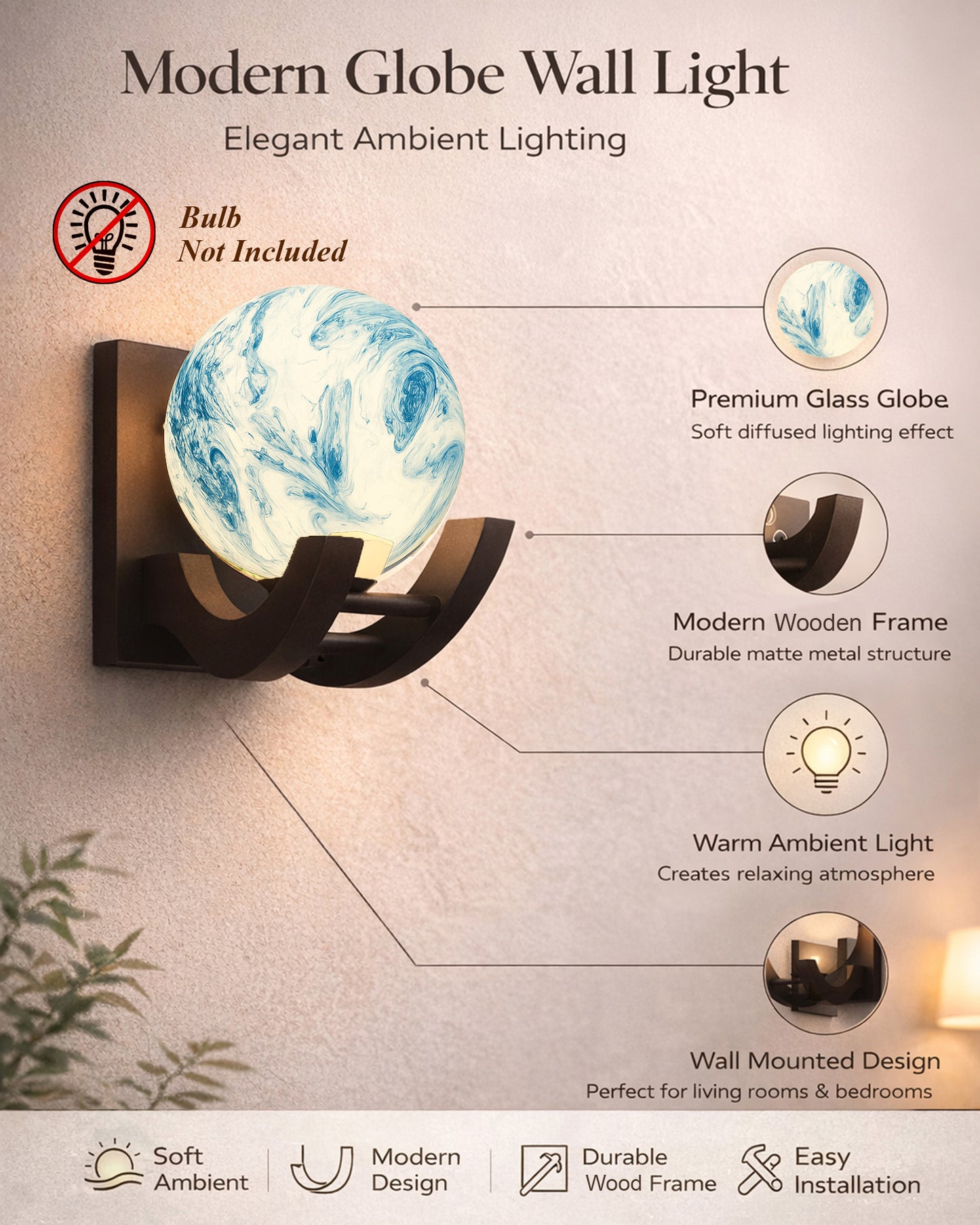Nordic Wooden Wall Lamps, Zedo E27 Sconces with Marble Glass Shades