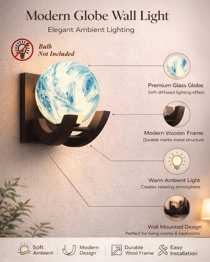 Nordic Wooden Wall Lamps, Zedo E27 Sconces with Marble Glass Shades