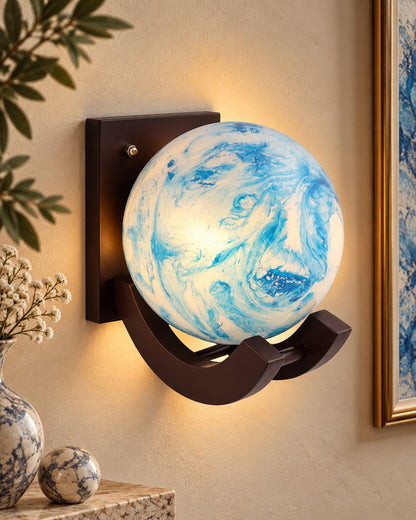 Nordic Wooden Wall Lamps, Zedo E27 Sconces with Marble Glass Shades