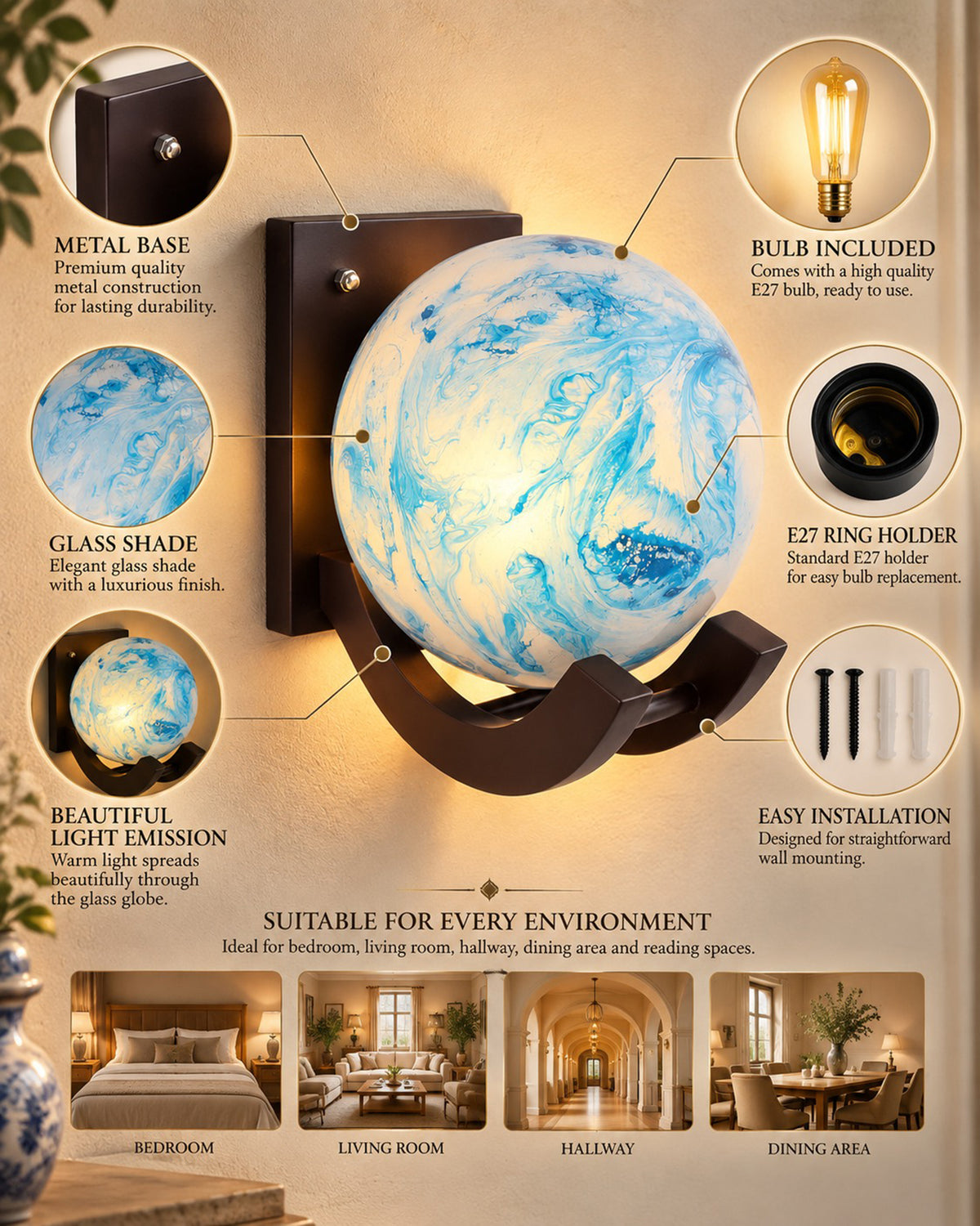 Nordic Wooden Wall Lamps, Zedo E27 Sconces with Marble Glass Shades